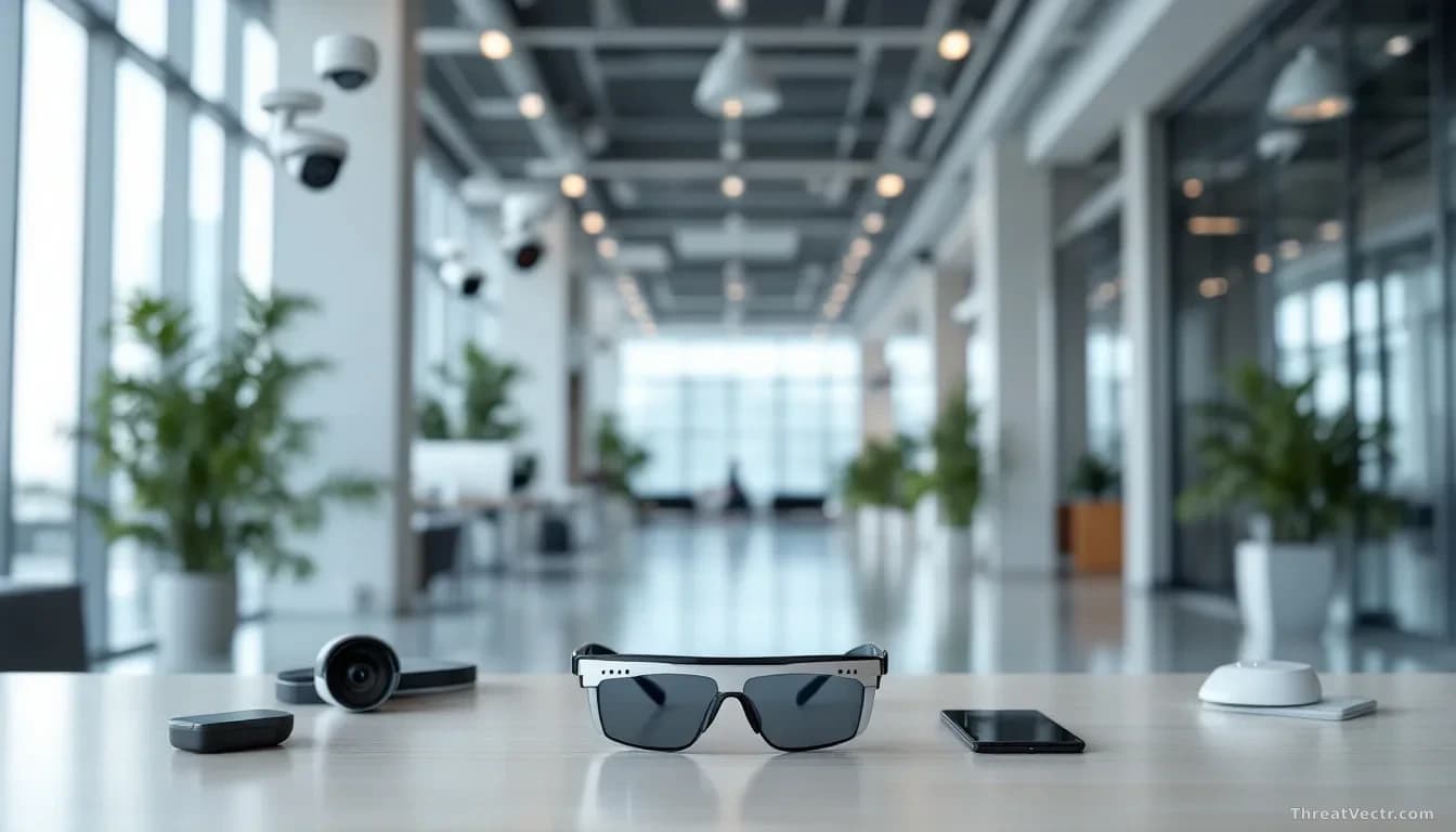 Modern office building lobby or workspace where smart glasses sit on a desk and on a person's face, alongside conventional security cameras and recording device