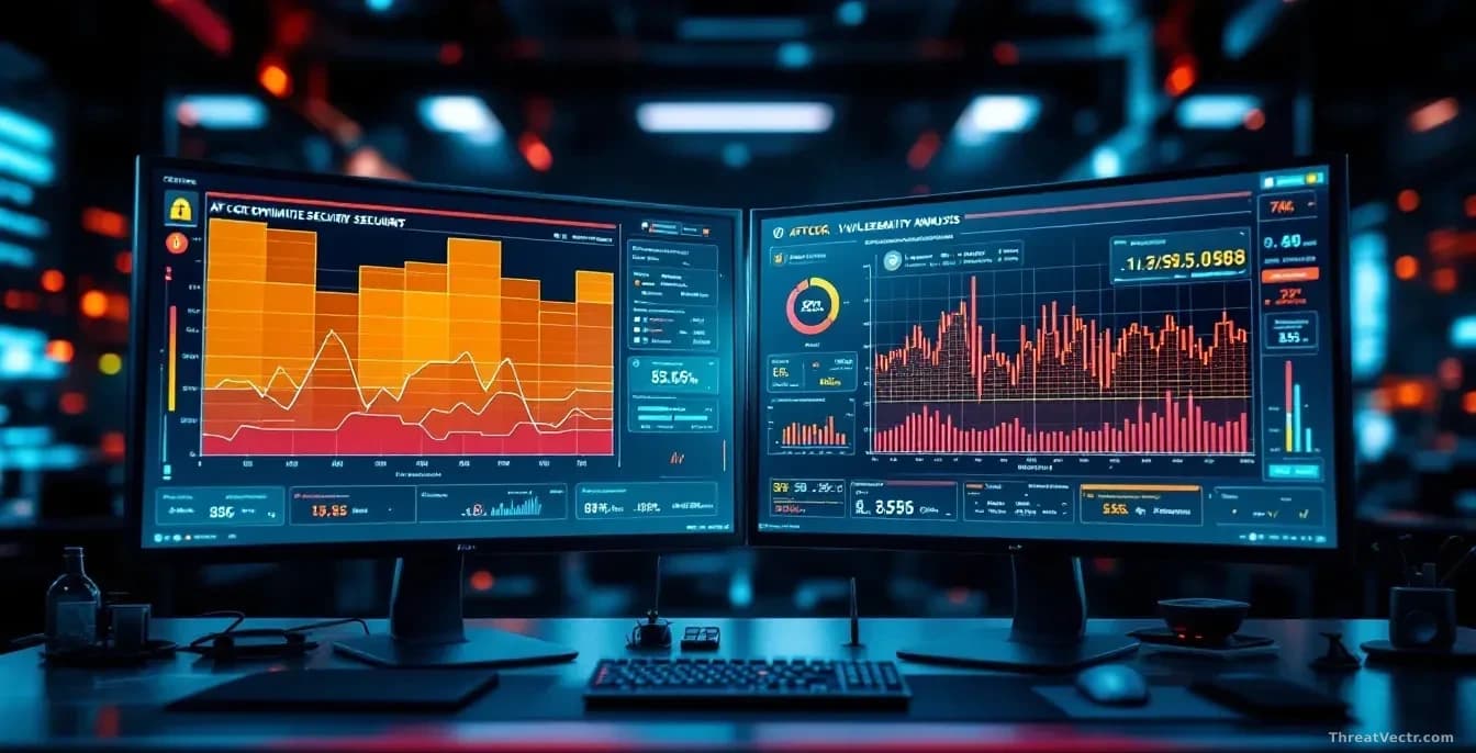 Cybersecurity operations center with AI-optimized security dashboard displaying attack simulations and vulnerability analysis results, two separate system inter