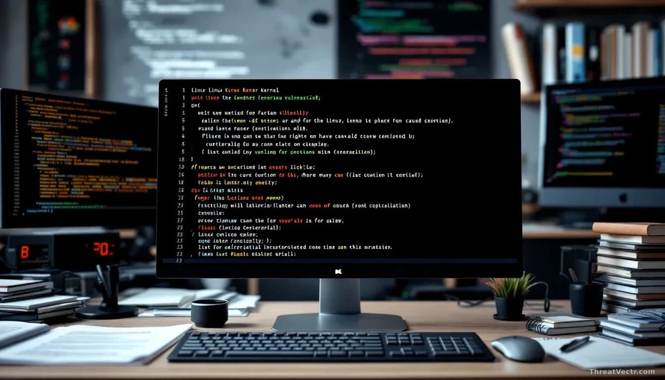Computer terminal showing Linux kernel source code with highlighted vulnerability sections, surrounded by technical documentation and debugging tools in a devel