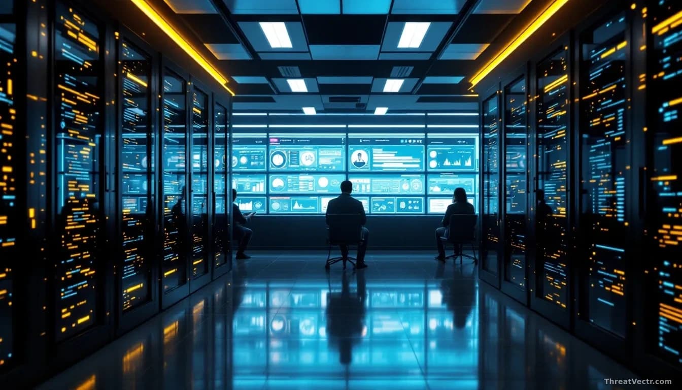 Server room filled with glowing monitoring screens displaying audit logs and identity verification chains, technicians observing real-time security dashboards t