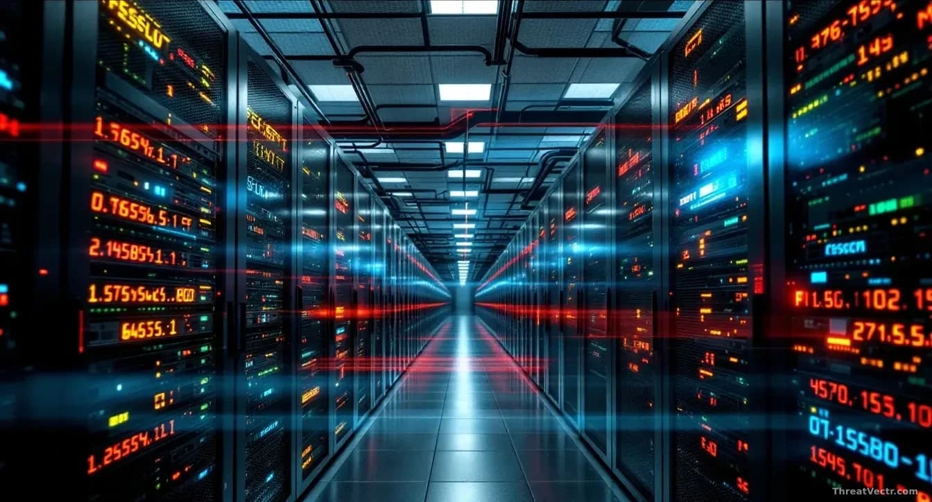A server room with multiple pieces of legacy remote management hardware still connected to the network, with a security scan overlay showing default credentials