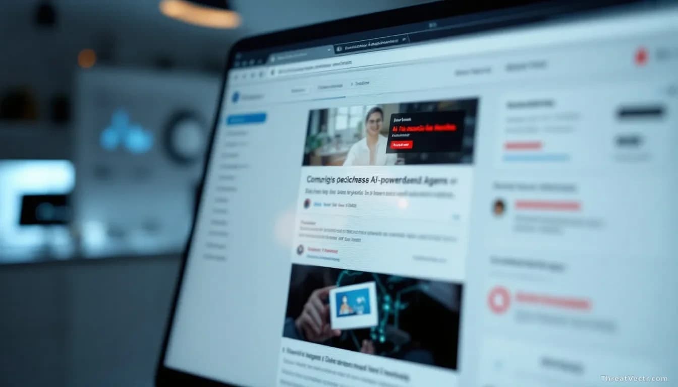 A web browser window showing a compromised AI-powered agent browser environment with a malicious social media post visible, while in the background a security t