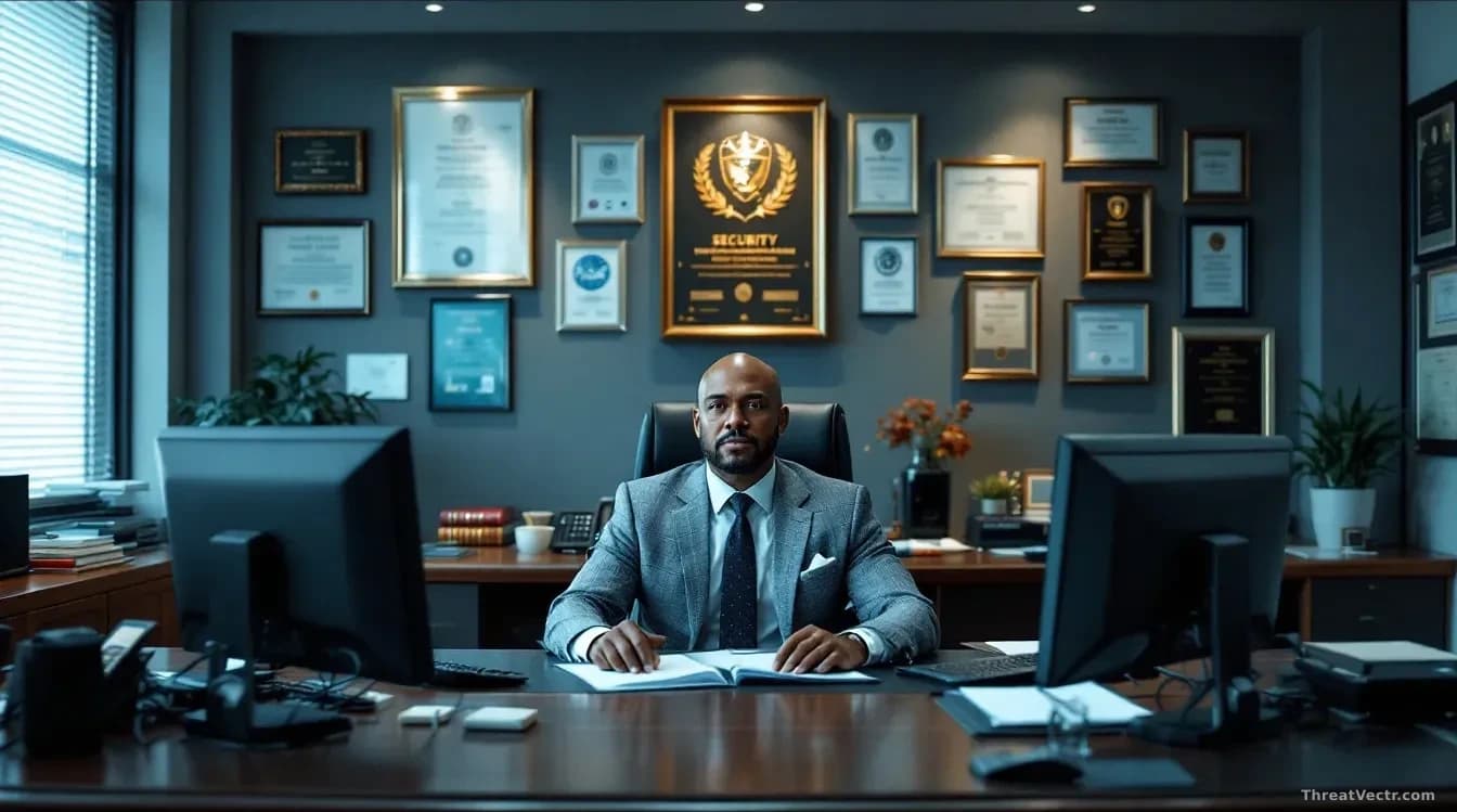 A senior executive's office in a major financial institution, with security certifications and commendations on the wall behind a desk with multiple secure phon