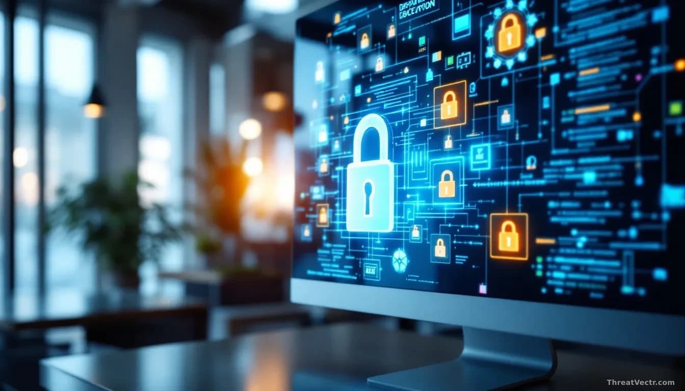 A corporate office environment where a single login credential entry on a monitor suddenly grants access to multiple department folders and systems across the s