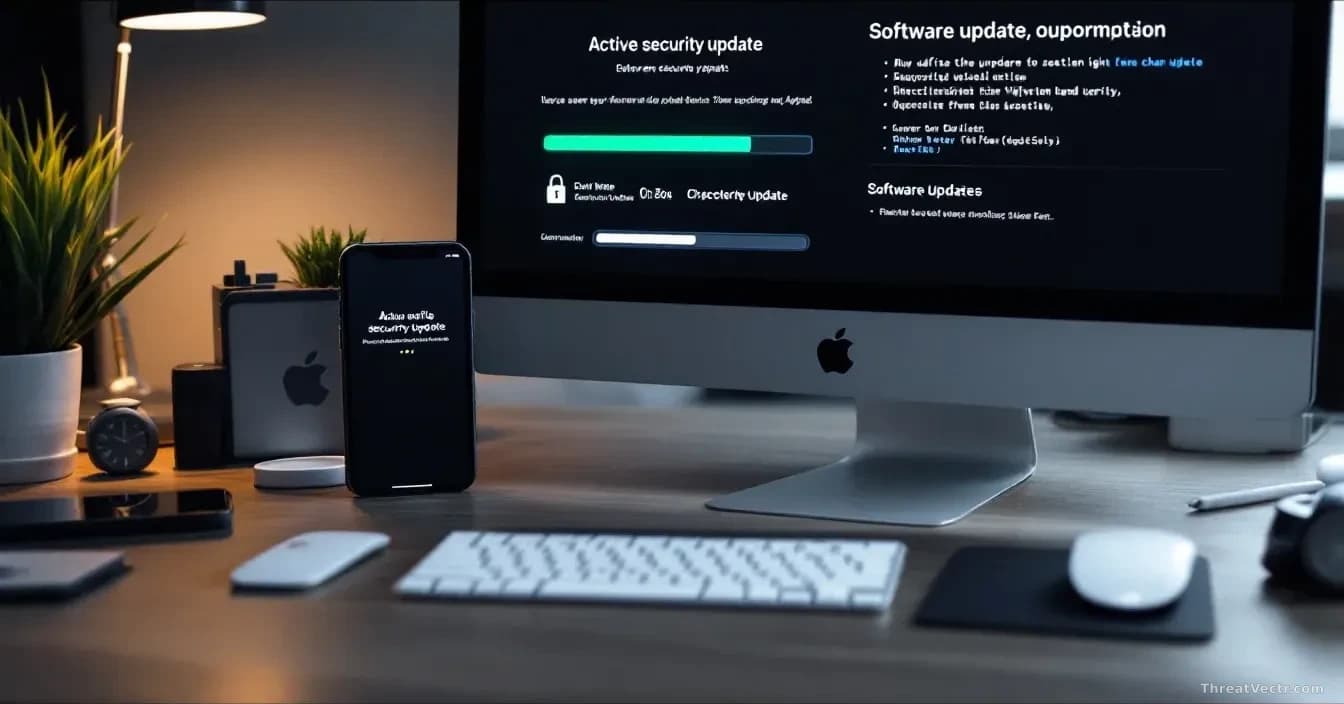 A desk with multiple Apple devices (iphone, mac, ipad) all displaying active security update notifications and progress bars, with a software update queue visib