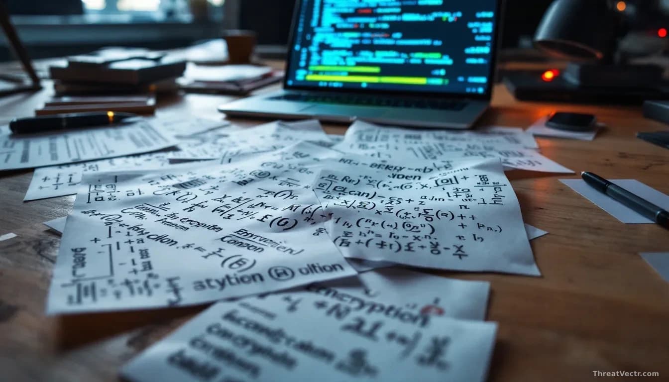 A mathematician's workspace with papers covered in cryptographic equations scattered across a desk, a laptop screen glowing with broken encryption algorithms, p
