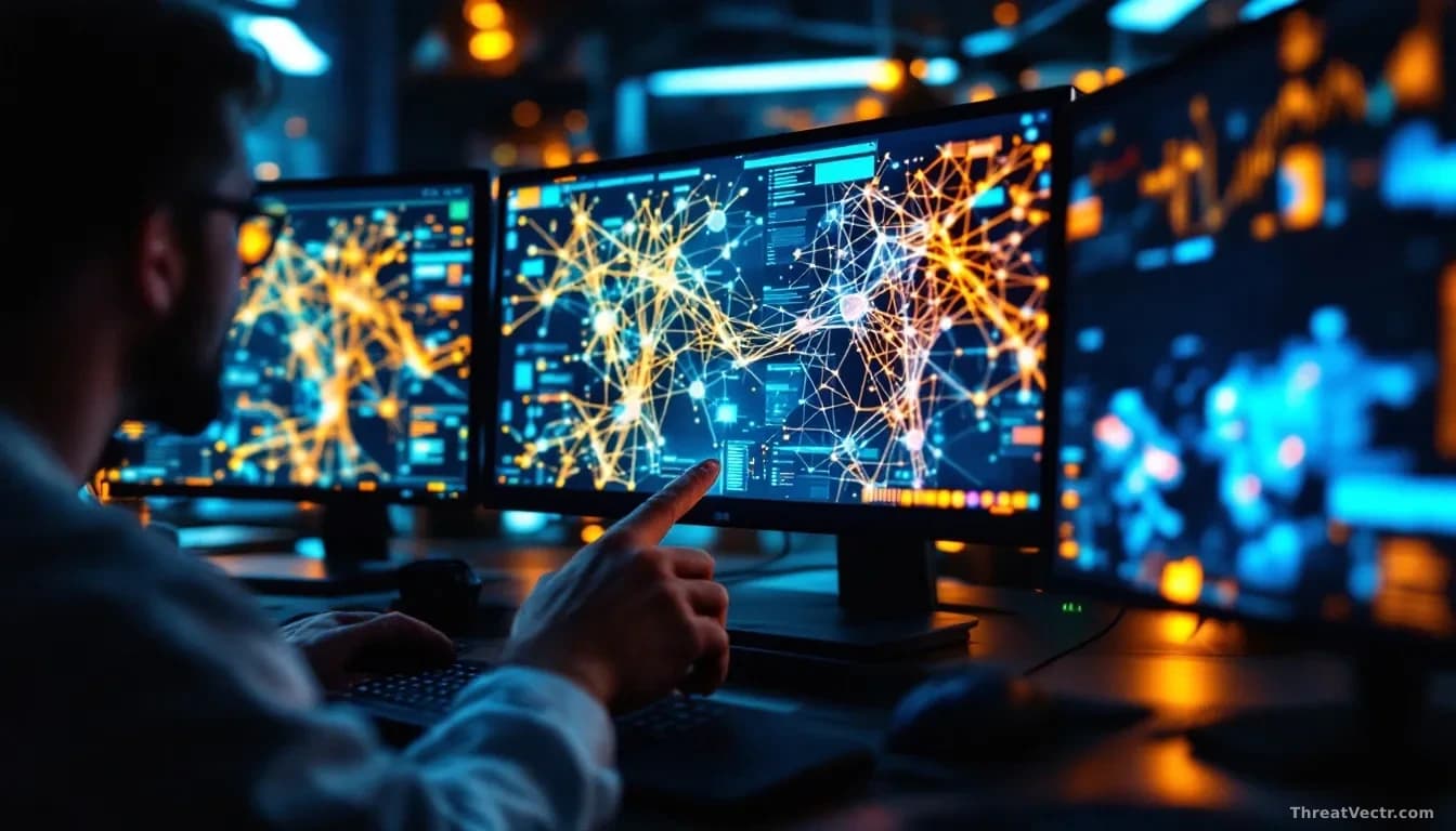 A research lab workspace with multiple monitors displaying abstract neural network visualizations and data flows in real-time, with a researcher's hand pointing