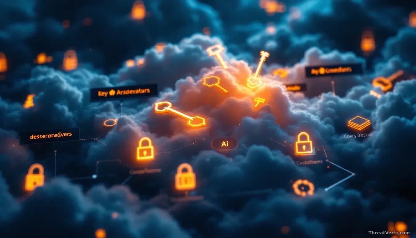 A cloud architecture diagram with forgotten digital keys scattered throughout the infrastructure, an AI agent waking up and making unexpected requests at odd ho