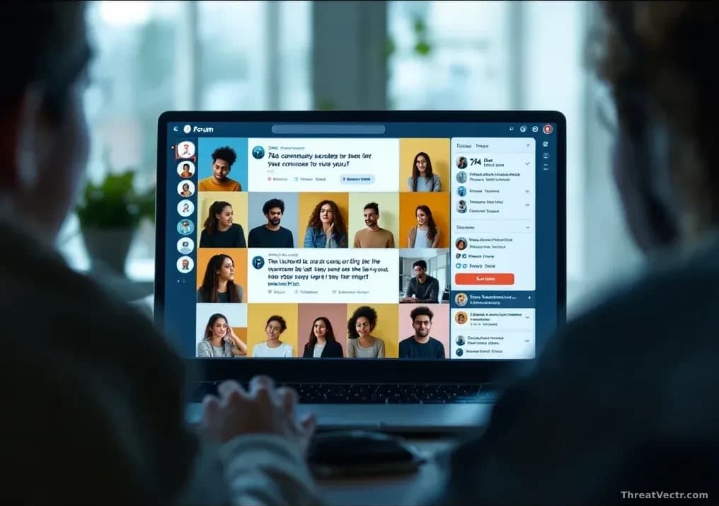 A shadowy online forum interface showing 764 community spaces, recruitment messages targeting vulnerable youth, parents' faces showing concern in the background