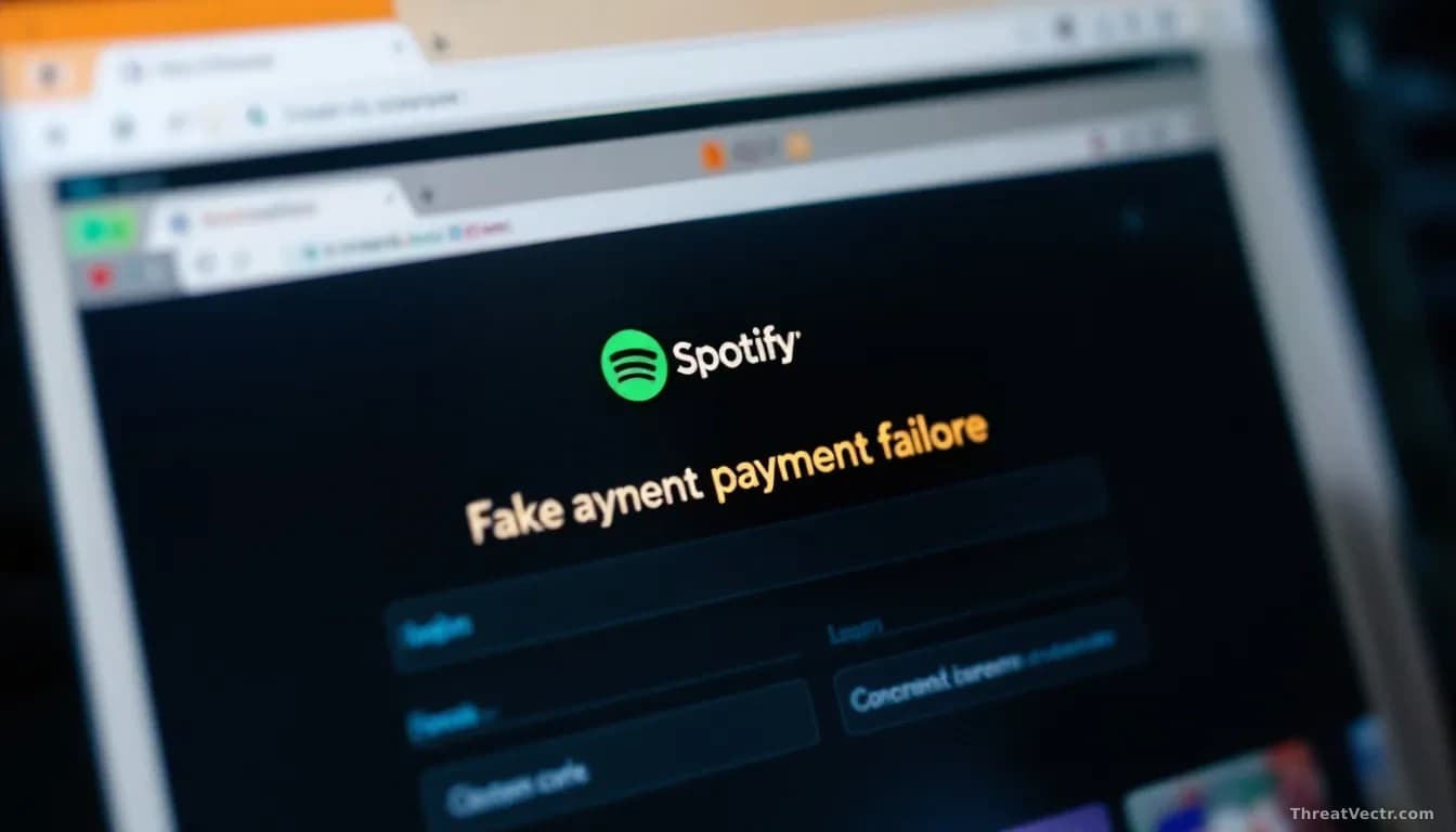 An email inbox with a fake Spotify payment failure notice prominently displayed, the user clicking through to a copycat login page, credit card input fields vis
