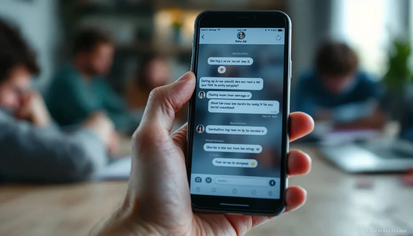 A smartphone showing dating app and social media interfaces, a conversation thread escalating to sextortion demands, with victims' faces blurred and a backgroun