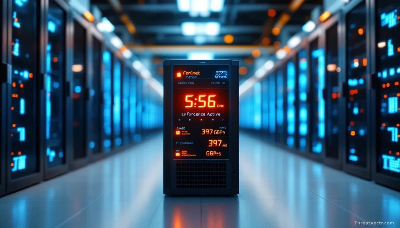 A corporate datacenter floor with a new Fortinet firewall appliance installed in the equipment rack, glowing status indicators showing SASE enforcement active,