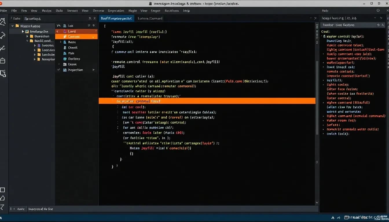 A developer's IDE with the Joyfill package imported, malicious code highlighted in the dependency tree, a remote-control trojan's command structure revealed in