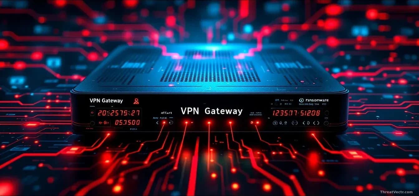 A VPN gateway device with attack visualizations flowing across its display, ransomware propagation paths highlighted in red, an AI agent's autonomous actions sh