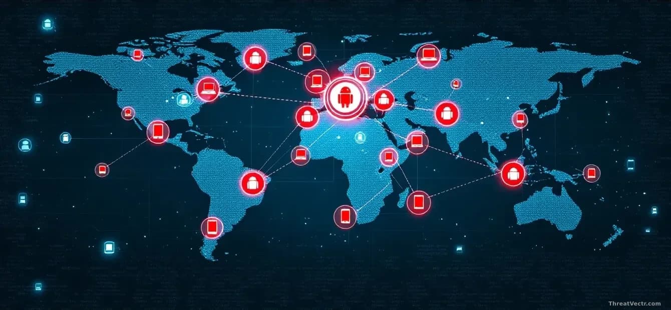 A network map showing 170 server nodes spread globally, each connected to a central spyware toolkit icon, with Android phone symbols at the endpoints representi