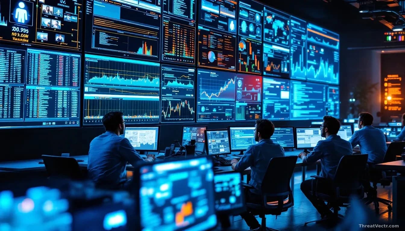 A network operations center with analysts examining traffic flows and IP address mappings on large displays, anonymized user profiles being traced back to real