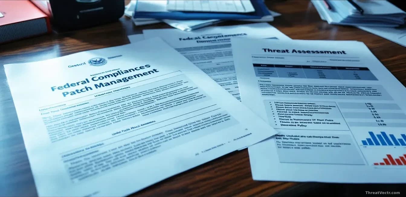 A government office desk with federal compliance documents and updated patch management timelines, an AI-generated threat assessment report beside them, represe