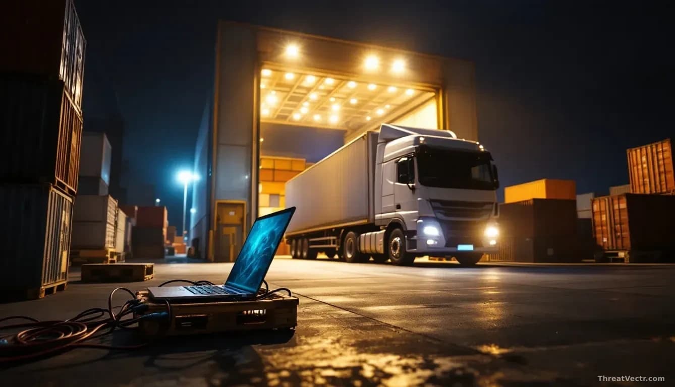 A loading dock at night with a cargo truck parked under harsh lighting, a laptop visible on a crate nearby with network cables, containers stacked around showin