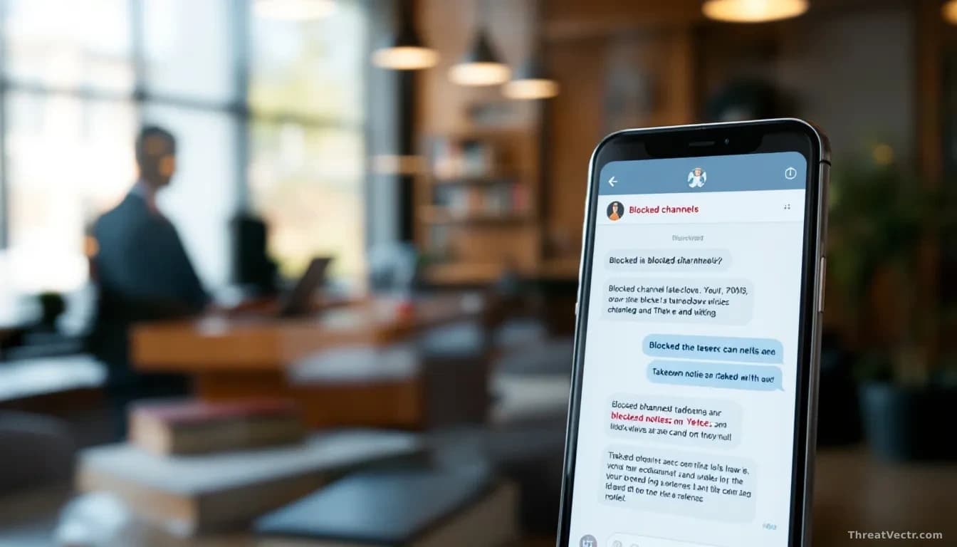A messaging app interface on a screen showing blocked channels and takedown notices, with a courtroom silhouette visible in the background glass reflection, sug