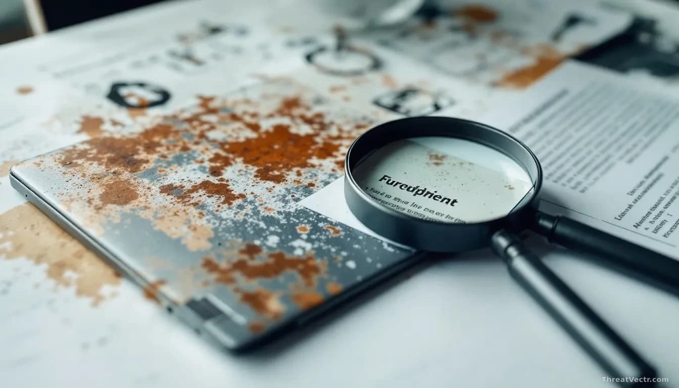 A refurbished laptop with visible wear marks and a magnifying glass hovering over its surface, fine print document unfolded beside it on a desk, contrasting the