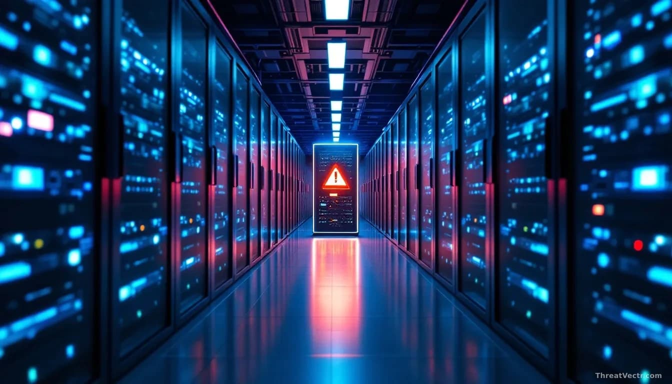 A datacenter corridor with rows of server racks illuminated in cool blue light, a single rack highlighted with warning indicators, representing the vulnerable v