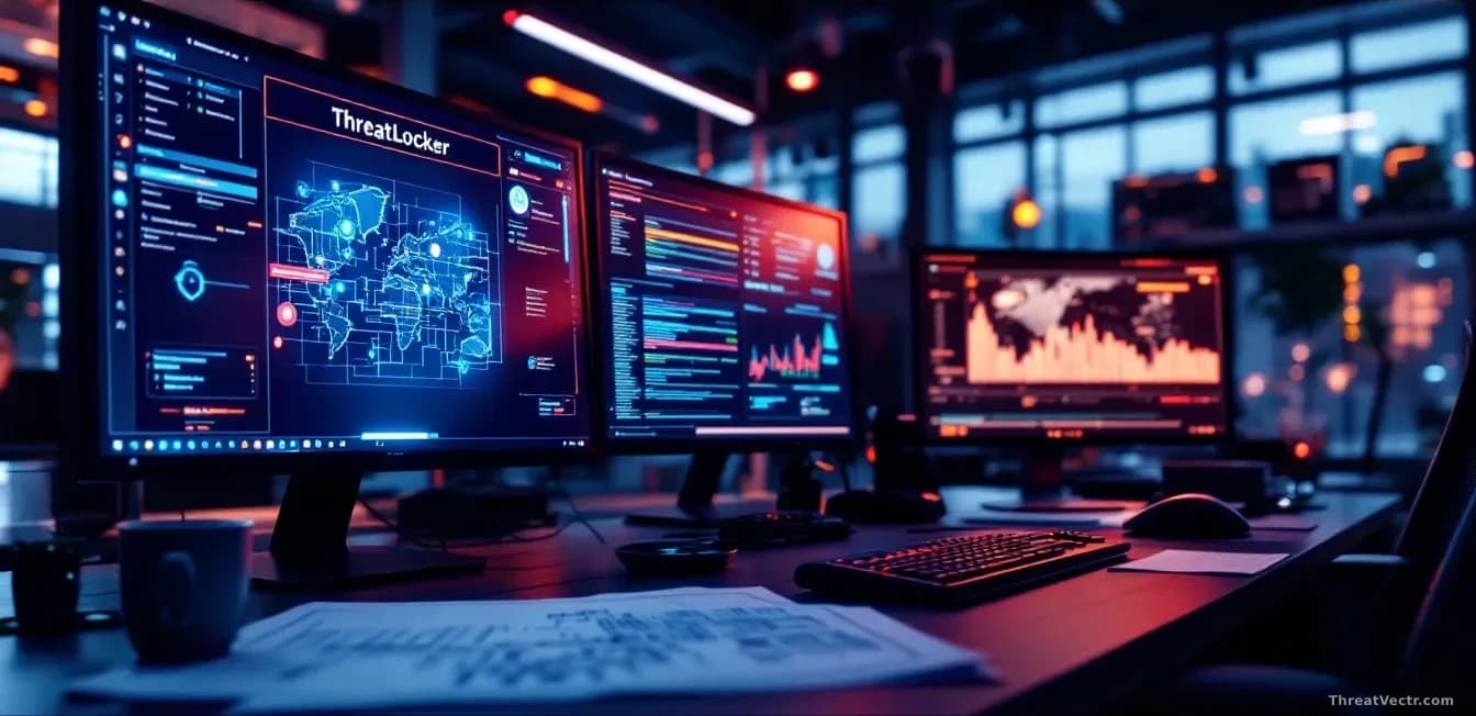 A security operations center with ThreatLocker software blocking all incoming threats at the gateway level, with a UK office expansion blueprint visible on a de