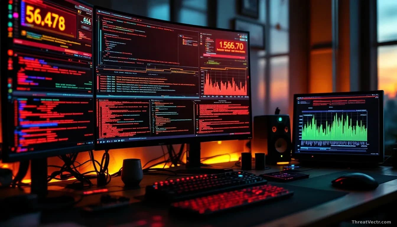 A security analyst's desk cluttered with multiple monitors displaying cascading code and vulnerability alerts in real-time, with one screen showing a timeline c