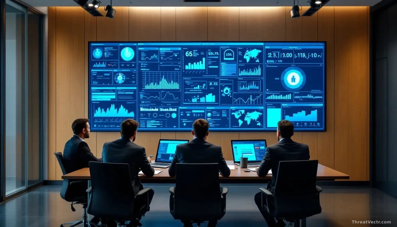 A conference room with IT security leaders at a table surrounded by security tools and dashboards, but visible gaps and disconnects in the visual communication