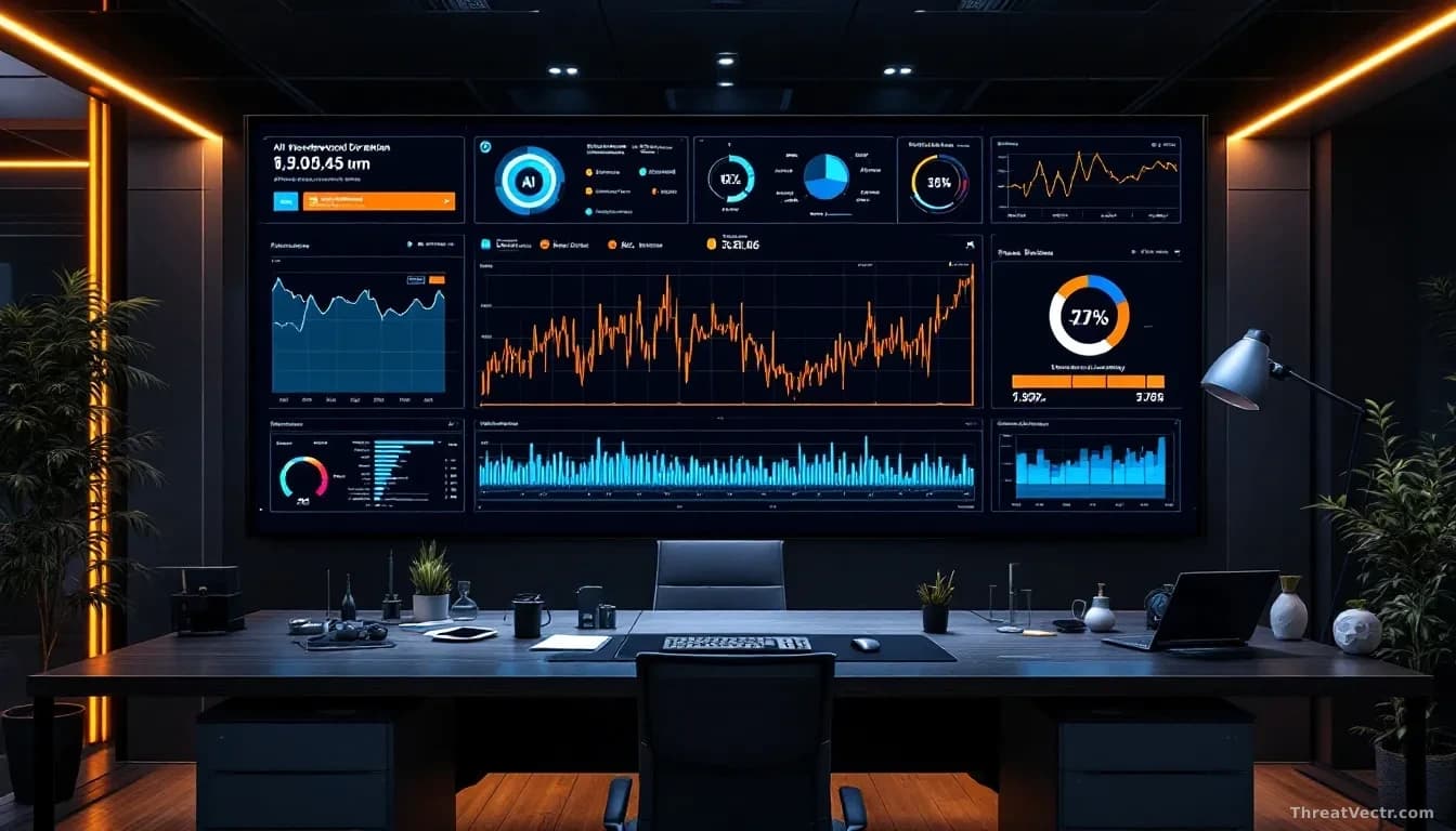 A modern cybersecurity operations center being replaced by an AI platform interface displaying network traffic patterns learning and adapting after each detecte