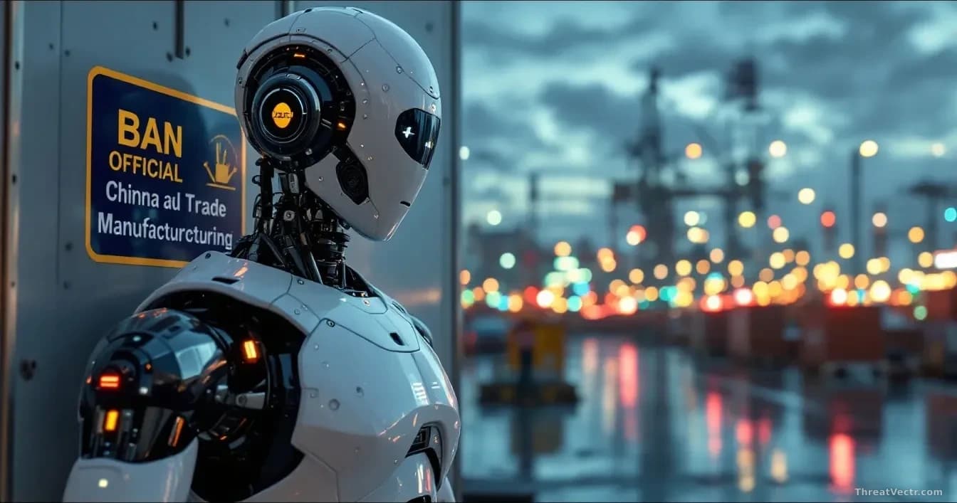 A humanoid robot at a US border checkpoint with an official ban notice, representing trade restrictions, while Chinese manufacturing facilities are visible in b