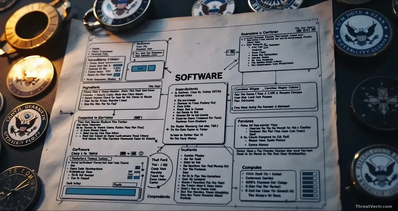 Government and international security agency emblems arranged around a software blueprint document with detailed ingredient lists and components clearly labeled