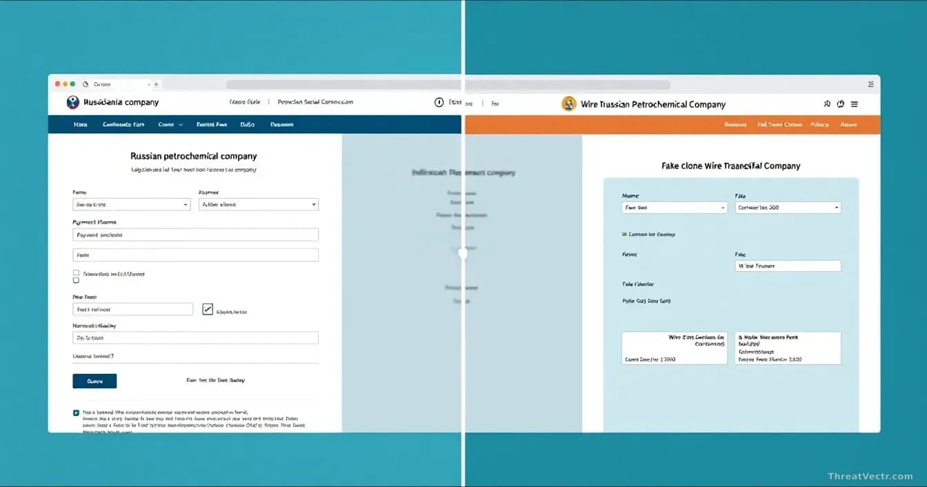 A split-screen showing a legitimate Russian petrochemical company website on one side and an identical fake clone on the other, with payment forms and wire tran