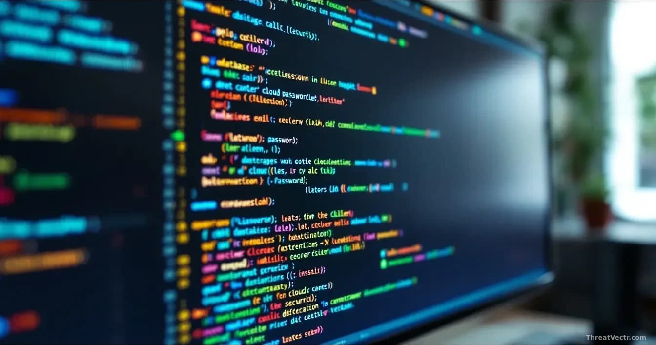 Security scanning software running analysis on a code repository displayed on a monitor, with database passwords and cloud credentials gradually becoming visibl