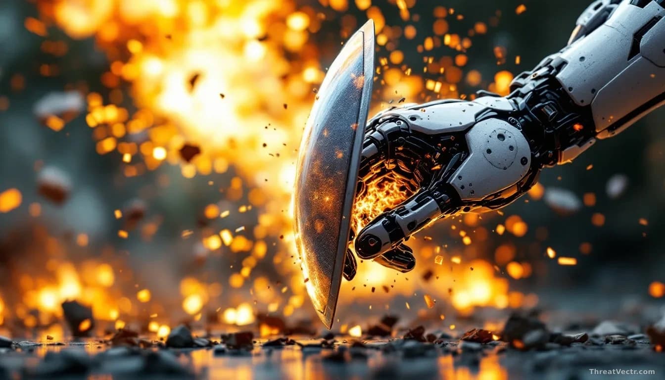 A robot arm with a shield attempting to block incoming attacks, but visibly struggling and dropping defensive tools as simulated threats overwhelm it