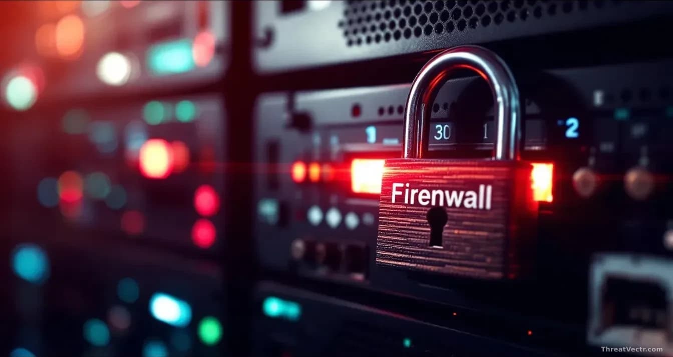 A network firewall device with a padlock partially obscured by shadow, illustrating a hidden credential vulnerability waiting to be discovered
