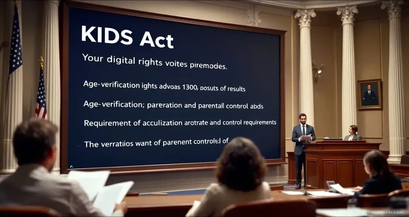 A legislative chamber vote board displaying the KIDS Act passage results, with digital rights advocates and parents shown reviewing documents about age-verifica