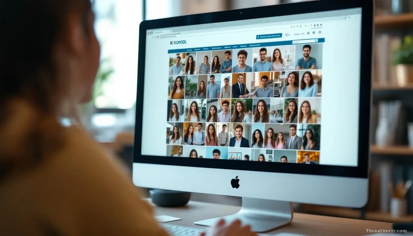 A school's official website photo gallery on a computer screen, showing student and staff photos being extracted, with AI deepfake generation tools working in t