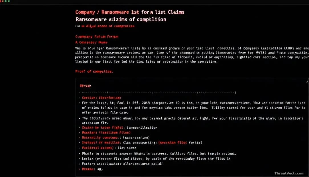 A dark web forum page showing a company name listed under a ransomware group's claims section, with alleged stolen files displayed as proof of compromise