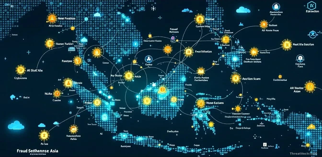 A map of Southeast Asia with digital fraud operation networks illustrated, showing cryptocurrency flows and AI-assisted scam infrastructure spread across the re