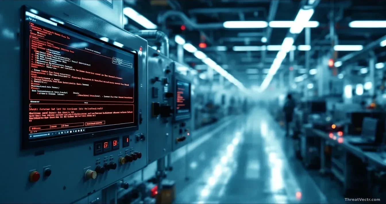 A Japanese factory floor's industrial control systems monitor showing security tools being disabled by malicious driver exploitation, with system alert windows
