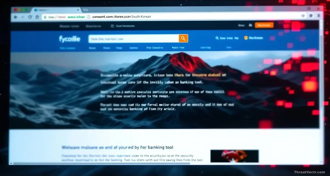 A web browser showing a legitimate South Korean website, with invisible malware injection code being executed in the background, bypassing security through a ba