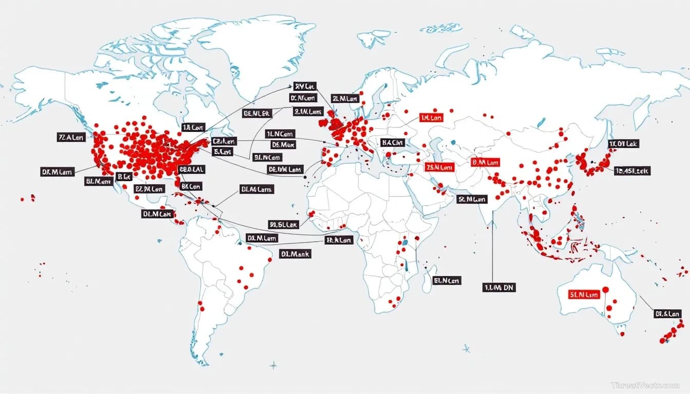 A global DNS infrastructure map with dangling DNS records highlighted as vulnerabilities, showing how automated systems could weaponize abandoned records across