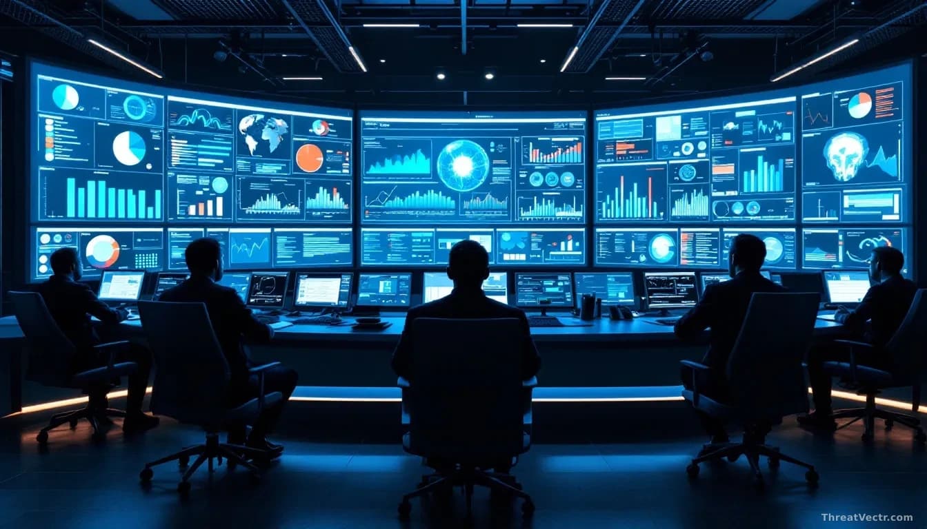 A corporate control center with large monitoring screens tracking AI agent activities in real-time, showing audit logs and behavioral analytics of autonomous sy