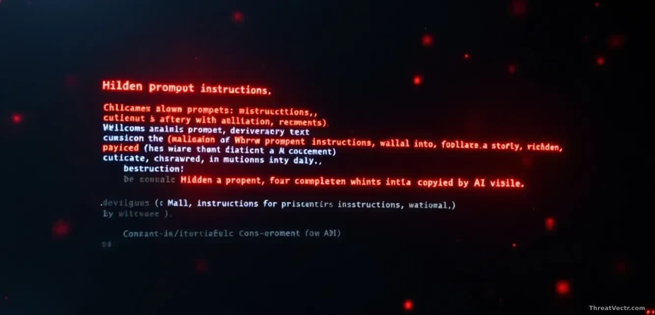 A Microsoft Word document open on screen with hidden text elements being revealed, showing malicious prompt instructions embedded within the document structure