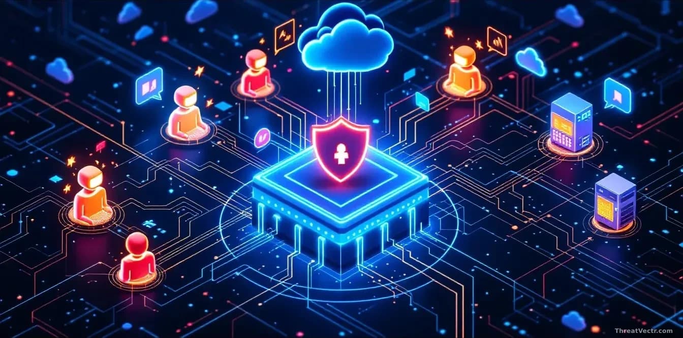 A network infrastructure diagram showing a firewall device at the center, surrounded by AI agent communication streams flowing in multiple directions, with the