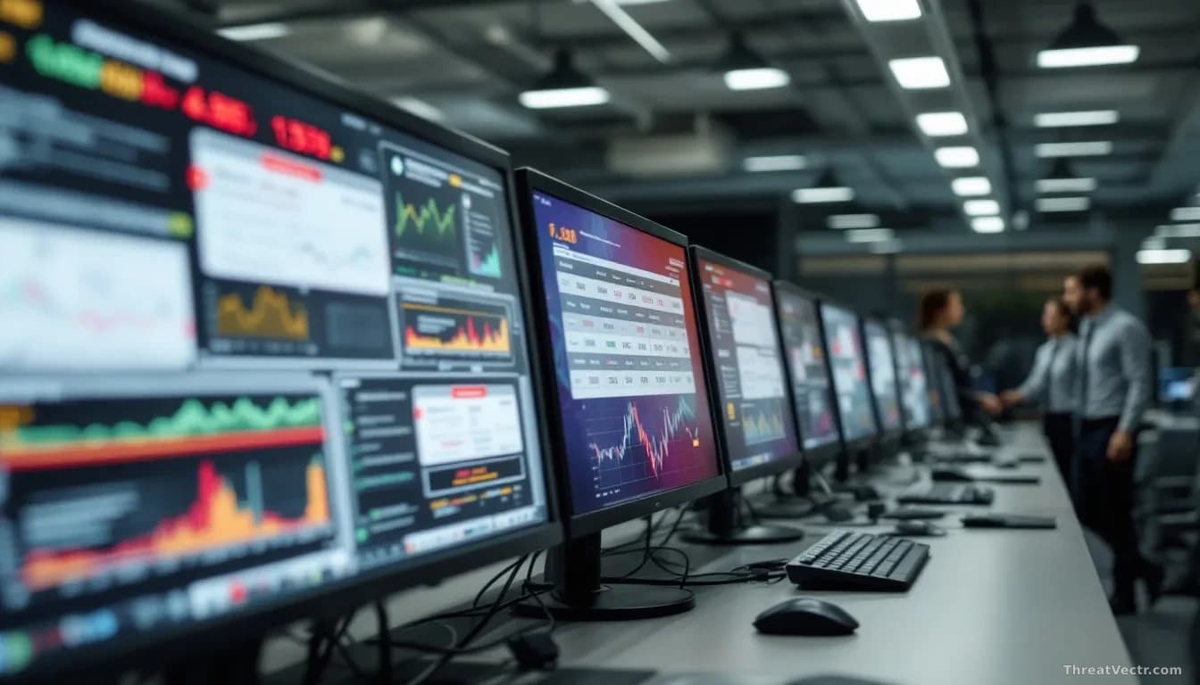 A corporate office with computer screens showing financial transaction approvals happening automatically, unobserved analysts walking past without reviewing the