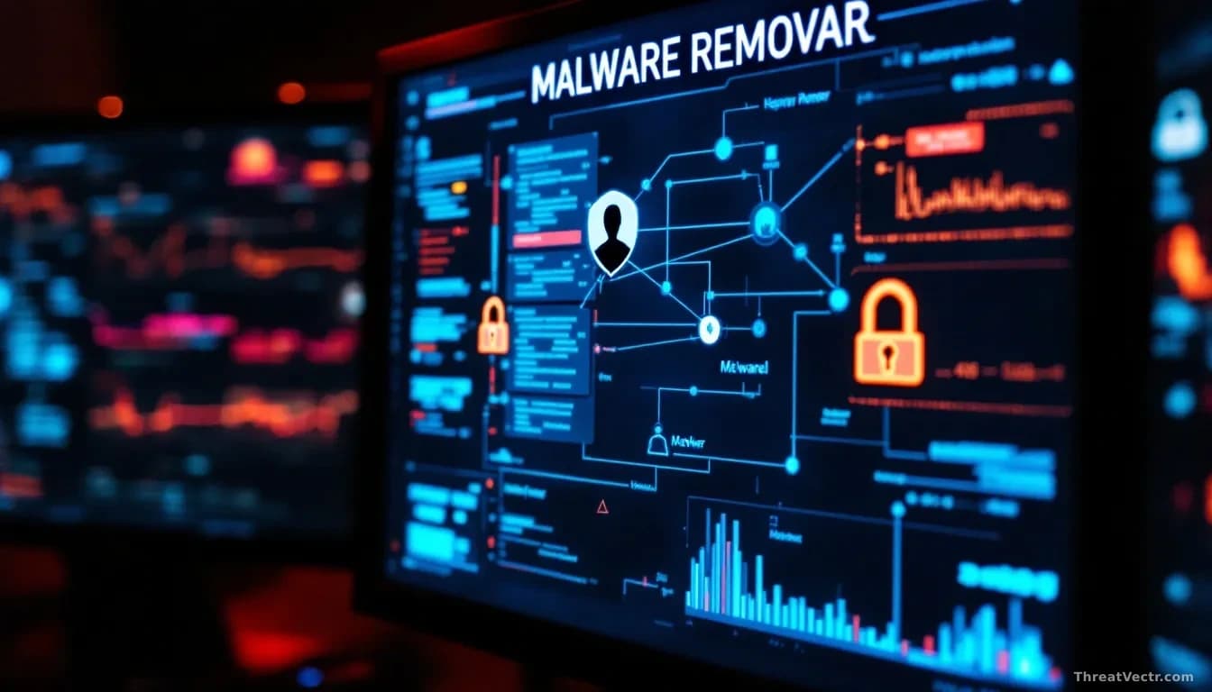 A network diagram showing malware removal on the screen, but in the reflection of the monitor glass, an attacker's entry point remains open in the background sh