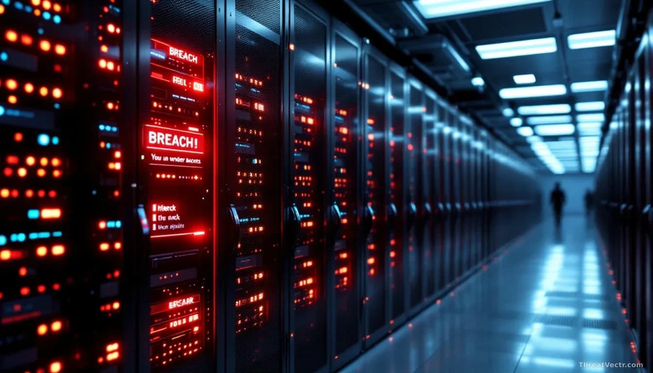 A database server room with rows of glowing server racks, one unit highlighted with a red breach indicator, showing the moment unauthorized access was detected