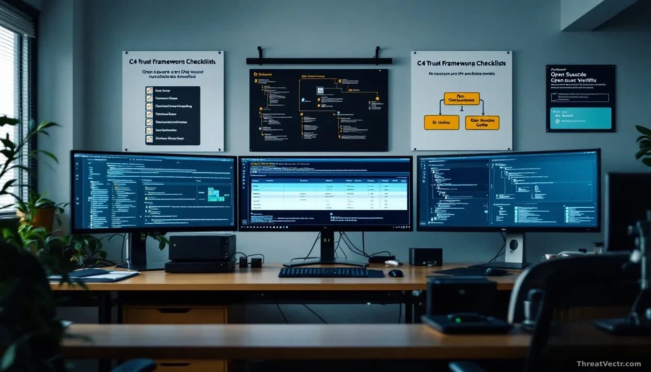 A government office workspace with multiple screens displaying open source code repositories and security vetting checklists, with the C4 trust framework diagra