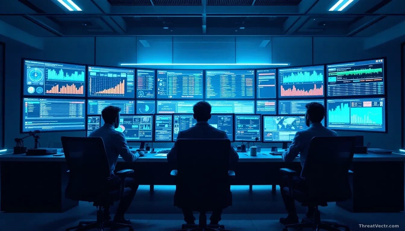 A security operations center with multiple monitors displaying AI agent behavior monitoring dashboards, with real-time prevention alerts blocking unauthorized d